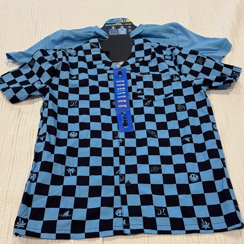 NWT. Hurley Black & Blue Checkerboard Short Sleeve Button-Up & T Shirt.